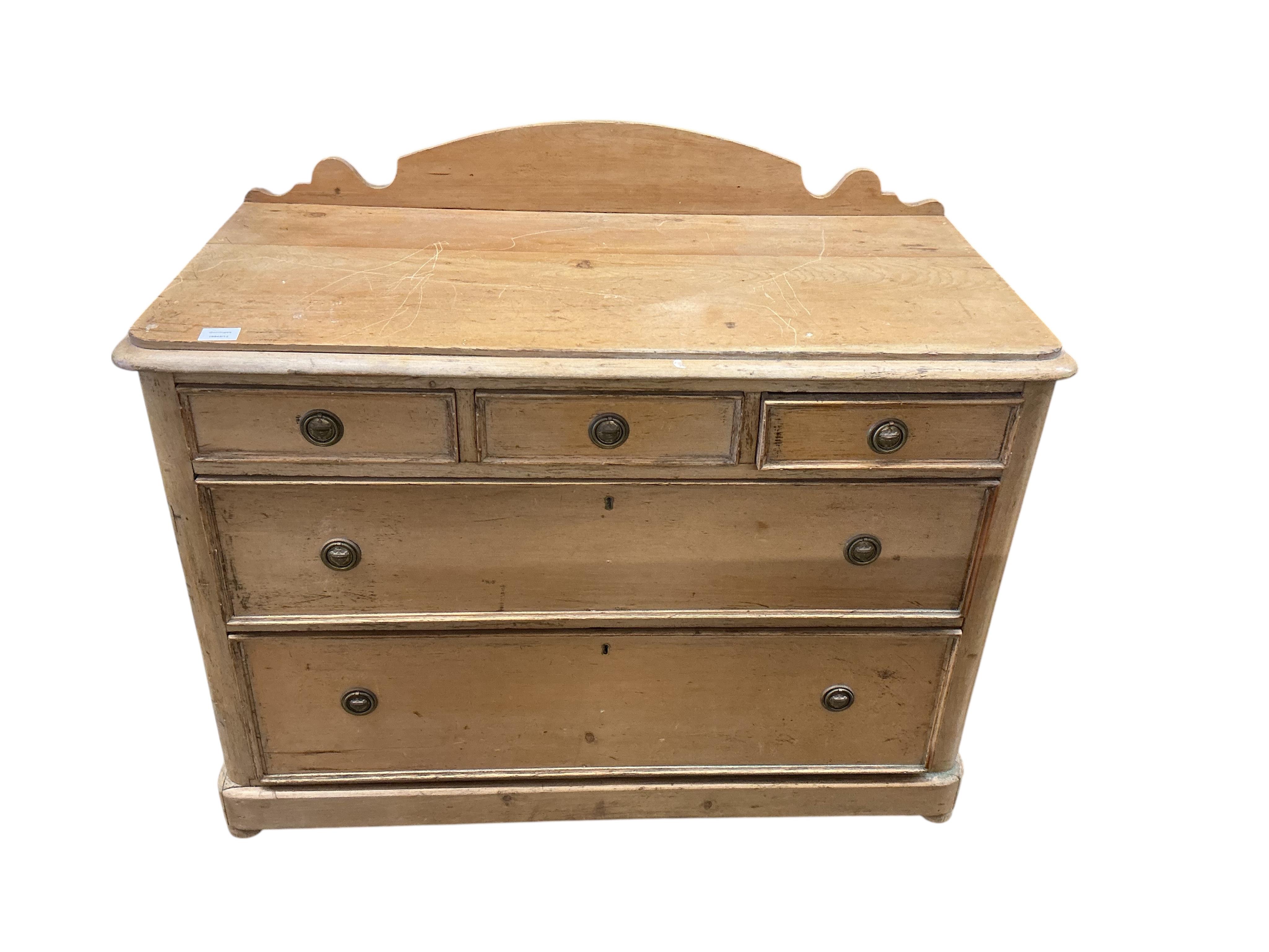 A Victorian pine five drawer chest, width 110cm, depth 54cm, height 92cm